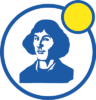 Logo ZSP1 w Leżajsku - Portret Mikołaja Kopernika w niebieskim okręgu i na okręgu żółte koło